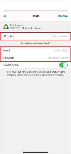 Finální stránka pro změnu hlavního hesla MT5 pro iOS, ukazující pole pro 'Aktuální' staré hlavní heslo a dvakrát nové 'hlavní heslo'.