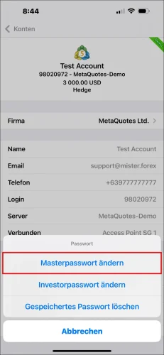 MT5 iOS App Passwortoptionen Pop-up-Fenster, zeigt den Schritt der Auswahl von 'Masterpasswort ändern', um das MT5-Handelspasswort zu ändern.