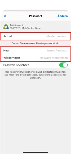Letzte Seite zur Änderung des MT5 iOS Masterpassworts, zeigt Felder für das 'Aktuell' alte Masterpasswort und das neue 'Masterpasswort' zweimal.