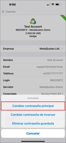 Ventana pop-up opciones contraseña App MT5 iOS, mostrando paso de seleccionar 'Cambiar contraseña principal' para cambiar contraseña de trading MT5.