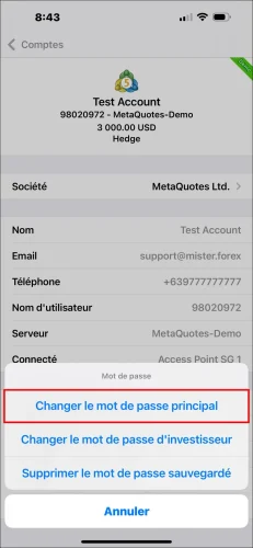 Fenêtre pop-up options mot de passe App MT5 iOS, montrant l'étape de sélection de 'Changer le mot de passe principal' pour changer le mot de passe de trading MT5.