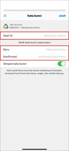 Halaman terakhir untuk mengubah Kata Kunci Utama MT5 iOS, menunjukkan kolom untuk kata sandi utama lama 'Saat ini' dan 'kata kunci utama' baru dua kali.