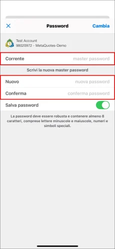 Pagina finale per cambiare Master Password MT5 iOS, mostra campi per la 'Corrente' vecchia master password e la nuova 'master password' due volte.