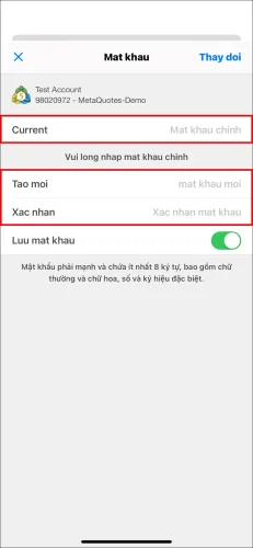 Trang cuối cùng để thay đổi Mật khẩu Chính MT5 iOS, hiển thị các trường cho mật khẩu chính cũ 'Current' và 'Mat khau chinh' mới hai lần.