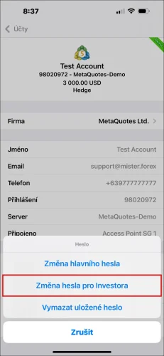 Vyskakovací okno s možnostmi hesla v aplikaci MT5 pro iOS, které ukazuje výběr 'Změna hesla pro Investora' pro nastavení investorského hesla MT5.