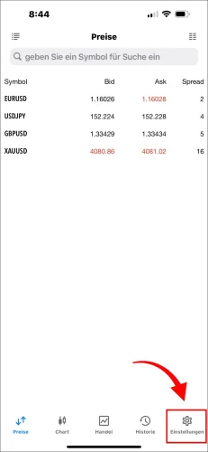 MT5 iOS App-Anleitungs-Screenshot, der zeigt, wie man auf das 'Einstellungen'-Symbol in der unteren rechten Navigationsleiste tippt, um den Passwortänderungsprozess zu starten.