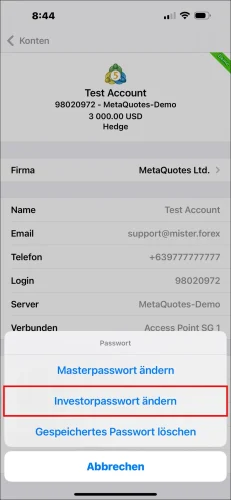 MT5 iOS App Passwortoptionen-Popup-Fenster, das die Auswahl von 'Investorpasswort ändern' zeigt, um das MT5-Investorpasswort festzulegen.