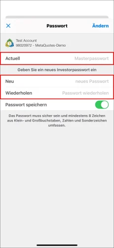 Die letzte Seite zur Einrichtung des MT5 iOS-Investorpassworts, die die Notwendigkeit zeigt, das 'Aktuell' Masterpasswort und das neue 'Investorpasswort' zweimal einzugeben.