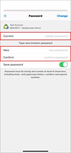 Pagina finală pentru setarea parolei de investitor MT5 pentru iOS, arătând necesitatea de a introduce parola principală 'Current' și noua 'Investor Password' de două ori.