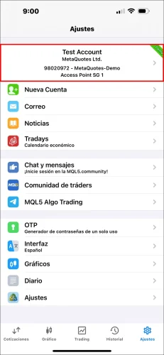 Captura de pantalla de la página Ajustes de la App MT5 para iOS, mostrando un toque en el bloque de información de la cuenta superior (que contiene el número de cuenta y el nombre del bróker) para entrar a la lista de cuentas.
