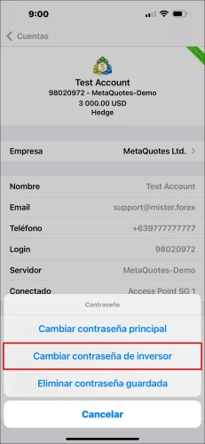 Ventana emergente de opciones de contraseña de la App MT5 para iOS, mostrando la selección de 'Cambiar contraseña de inversor' para establecer la contraseña de inversor de MT5.