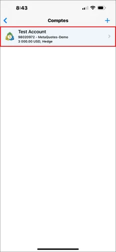 Page de la liste des comptes de l'application MT5 pour iOS, montrant la sélection d'un compte de trading spécifique pour accéder à ses détails.