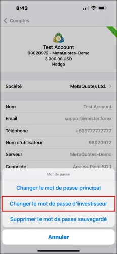 Fenêtre pop-up des options de mot de passe de l'application MT5 pour iOS, montrant la sélection de 'Changer le mot de passe d'investisseur' pour définir le mot de passe investisseur MT5.