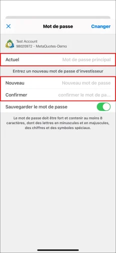 La page finale pour définir le mot de passe investisseur MT5 sur iOS, montrant la nécessité d'entrer le mot de passe principal 'Actuel' et le nouveau 'mot de passe d'investisseur' deux fois.