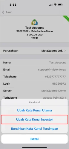 Jendela pop-up opsi kata kunci Aplikasi MT5 iOS, menunjukkan pemilihan 'Ubah Kata Kunci Investor' untuk mengatur kata kunci investor MT5.