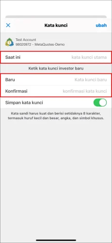 Halaman terakhir untuk mengatur Kata Kunci Investor MT5 iOS, menunjukkan perlunya memasukkan kata kunci utama 'Saat ini' dan 'kata kunci investor' baru sebanyak dua kali.