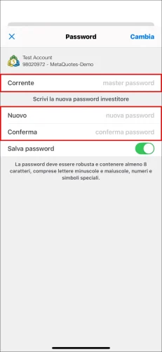La pagina finale per l'impostazione della Password Investitore MT5 su iOS, che mostra la necessità di inserire la master password 'Corrente' e la nuova 'password investitore' due volte.