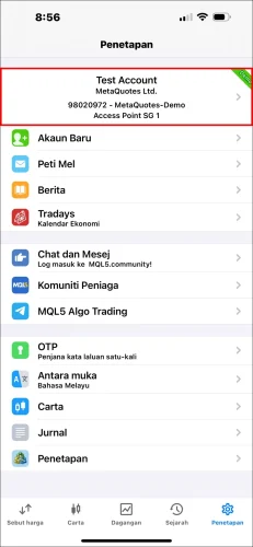 Tangkapan skrin halaman Penetapan Apl MT5 iOS, menunjukkan ketikan pada blok maklumat akaun teratas (mengandungi nombor akaun dan nama broker) untuk memasuki senarai akaun.