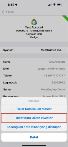Tetingkap pop-up pilihan kata laluan Apl MT5 iOS, menunjukkan pemilihan 'Tukar Kata laluan Investor' untuk menetapkan kata laluan pelabur MT5.