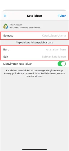 Halaman terakhir untuk menetapkan Kata Laluan Pelabur MT5 iOS, menunjukkan keperluan untuk memasukkan kata laluan utama 'Semasa' dan 'kata laluan pelabur' baru dua kali.