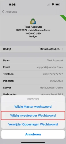 MT5 iOS App wachtwoordopties pop-up venster, die de selectie van 'Wijzig Investeerder Wachtwoord' laat zien om het MT5 investor wachtwoord in te stellen.