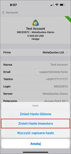Wyskakujące okno opcji hasła aplikacji MT5 na iOS, pokazujące wybór 'Zmień Hasło Inwestora', aby ustawić hasło inwestora MT5.