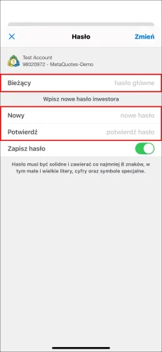 Ostatnia strona ustawiania hasła inwestora MT5 na iOS, pokazująca konieczność wprowadzenia 'Bieżącego' hasła głównego oraz dwukrotnego wprowadzenia nowego 'hasła inwestora'.