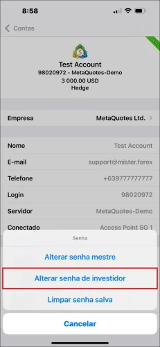 Janela pop-up de opções de senha da App MT5 para iOS, mostrando a seleção de 'Alterar senha de investidor' para definir a senha de investidor do MT5.