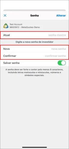 A página final para definir a Senha de Investidor do MT5 para iOS, mostrando a necessidade de digitar a senha mestre 'Atual' e a nova 'senha de investidor' duas vezes.