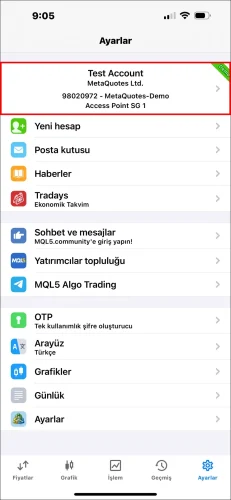 MT5 iOS Uygulaması Ayarlar sayfası ekran görüntüsü, hesap listesine girmek için üstteki hesap bilgisi bloğuna (hesap numarası ve broker adı içeren) bir dokunuşu gösteriyor.