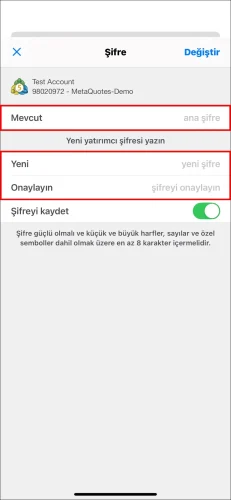 MT5 iOS Yatırımcı Şifresini ayarlamak için son sayfa, 'Mevcut' ana şifreyi ve yeni 'yatırımcı şifresi'ni iki kez girme gerekliliğini gösteriyor.