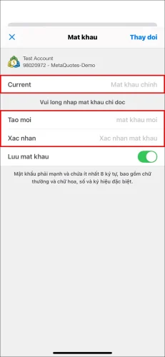 Trang cuối cùng để cài đặt Mật khẩu Nhà đầu tư MT5 iOS, hiển thị sự cần thiết phải nhập mật khẩu chính 'Current' và 'mat khau chi doc' mới hai lần.