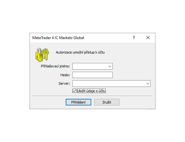 Přihlašovací okno MT4 pro PC, vyplnění Přihlašovací jméno, Heslo a výběr správného serveru z rozevíracího seznamu.