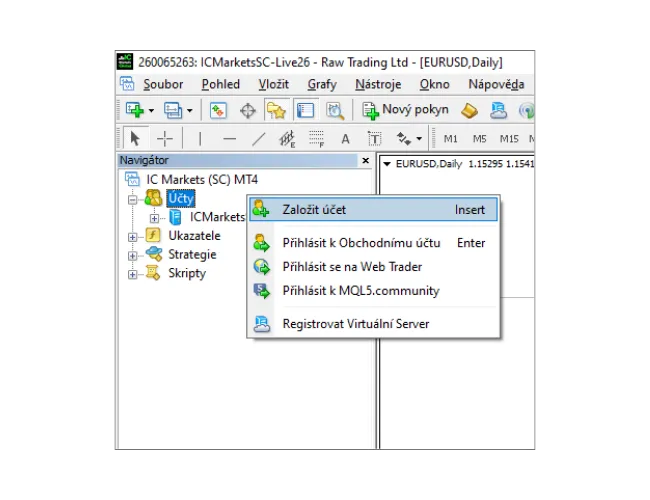V panelu Navigátor v MT4 klikněte pravým tlačítkem na 'Účty' a zvolte 'Založit účet' pro skenování serverů.