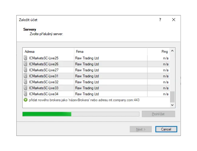 V okně 'Založit účet' v MT4 ručně zadejte název brokera nebo klikněte na 'Prohlížet' pro nalezení nového seznamu serverů.