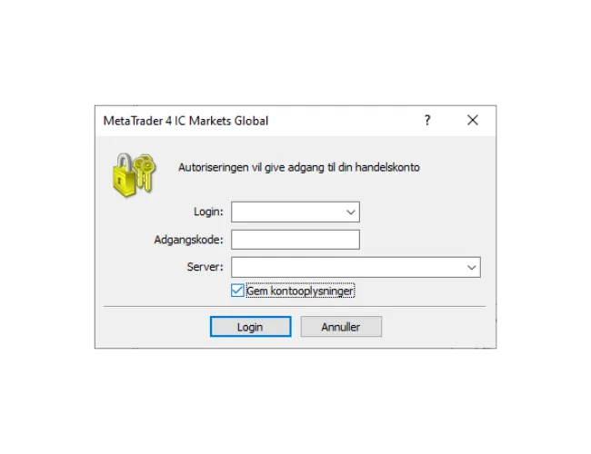 MT4 PC login-vindue, hvor Login, Adgangskode udfyldes, og den korrekte server vælges fra rullemenuen.