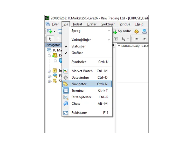 MT4 login-vejledning: Klik på 'Vis' i hovedmenuen, og vælg derefter 'Navigator' for at åbne navigator-panelet.