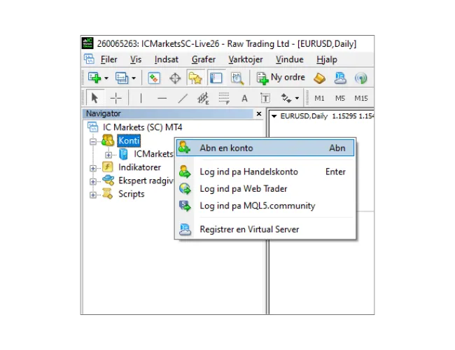 I MT4 Navigator-panelet, højreklik på 'Konti', og vælg 'Abn en konto' for at scanne efter servere.