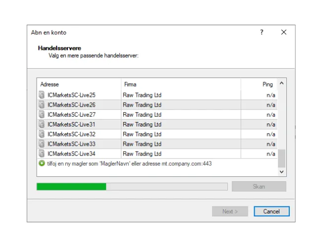 I MT4 'Abn en konto'-vinduet skal du manuelt indtaste mæglerens navn og klikke på 'Skan' for at finde den nye serverliste.