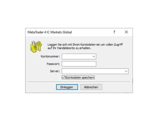 MT4 PC-Login-Fenster, Ausfüllen von Kontonummer, Passwort und Auswahl des korrekten Servers aus dem Dropdown-Menü.