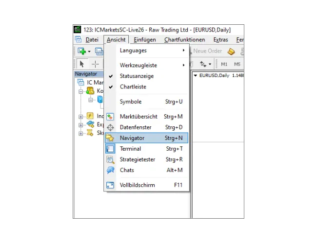 MT4-Login-Anleitung: Im Hauptmenü auf 'Ansicht' klicken und dann 'Navigator' auswählen, um das Navigator-Panel zu öffnen.