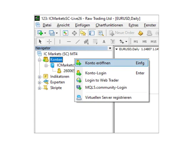 Im MT4-Navigator-Panel mit der rechten Maustaste auf 'Konten' klicken und 'Konto eröffnen' auswählen, um nach Servern zu scannen.