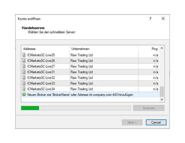 Im MT4 'Konto eröffnen'-Fenster den Broker-Namen manuell eingeben und auf 'Scannen' klicken, um die neue Serverliste zu finden.