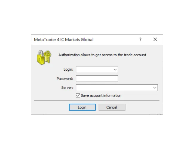 MT4 PC لاگ ان ونڈو، 'لاگ ان (Login)'، 'پاس ورڈ (Password)' کو پُر کرنا، اور ڈراپ ڈاؤن مینو سے درست 'Server' کا انتخاب کرنا۔