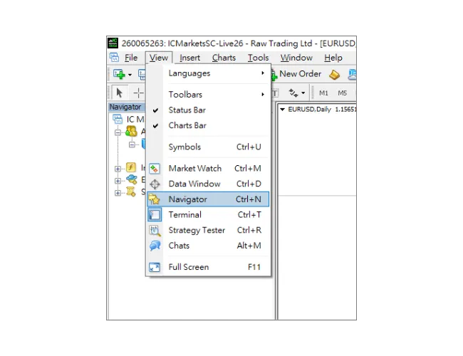 MT4 لاگ ان ٹیوٹوریل: مین مینو میں 'دیکھیں (View)' پر کلک کریں، اور پھر نیویگیٹر پینل کھولنے کے لیے 'Navigator' کو منتخب کریں۔