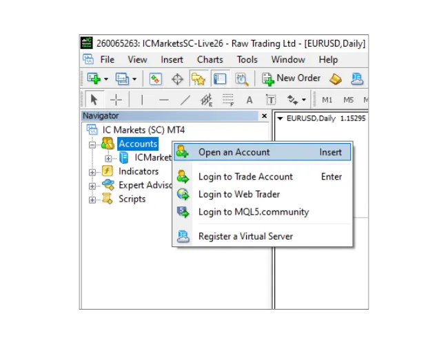 MT4 نیویگیٹر پینل میں، 'اکاؤنٹس (Accounts)' پر دایاں کلک کریں، اور سرورز کو اسکین کرنے کے لیے 'اکاؤنٹ کھولیں (Open an Account)' کو منتخب کریں۔