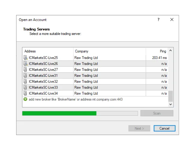 MT4 'اکاؤنٹ کھولیں (Open an Account)' ونڈو میں، دستی طور پر بروکر کا نام درج کریں اور نئی سرور لسٹ تلاش کرنے کے لیے 'اسکین (Scan)' پر کلک کریں۔