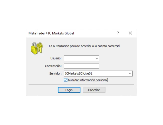 Ventana de inicio de sesión de MT4 para PC, rellenando Usuario, Contraseña y seleccionando el servidor correcțo del menú desplegable.