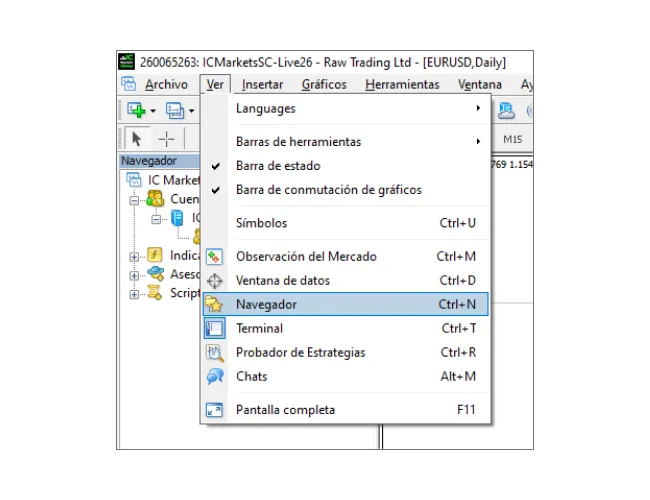 Tutorial de inicio de sesión de MT4: Haga clic en 'Ver' en el menú principal y luego seleccione 'Navegador' para abrir el panel del navegador.