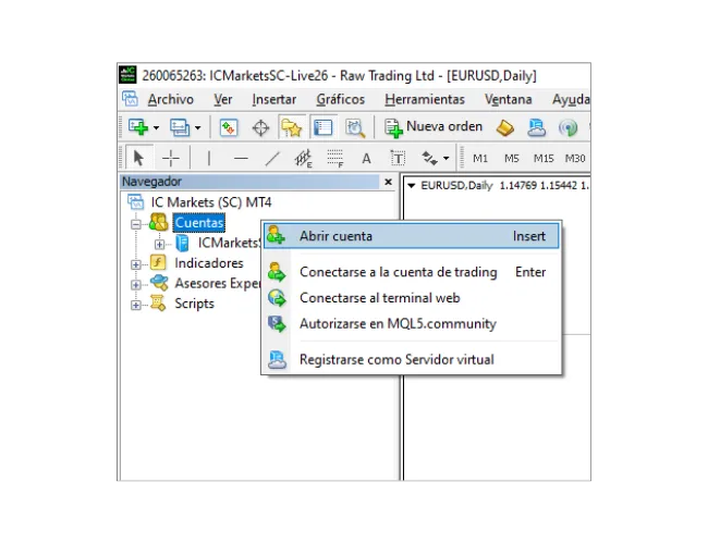 En el panel Navegador de MT4, haga clic derecho en 'Cuentas' y seleccione 'Abrir cuenta' para escanear servidores.